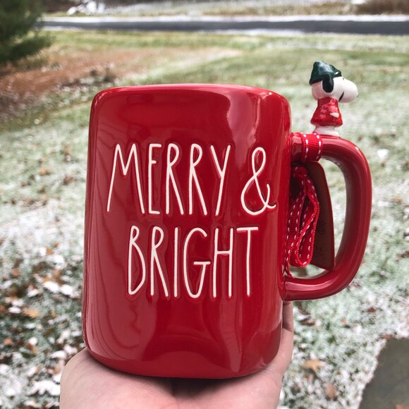 NWT Rae Dunn Peanuts Snoopy All Red Christmas Mug "Merry & Bright" - Picture 1 of 5